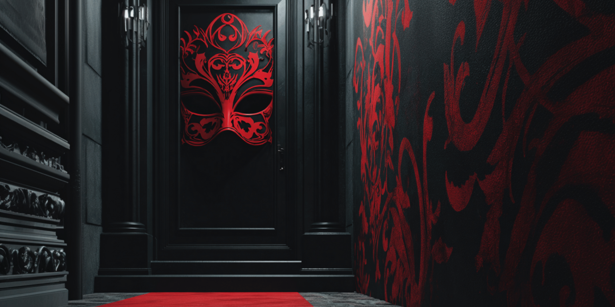 A dark, theatrical corridor with black paneled walls leads to a black door adorned with an ornate red masquerade mask in an elaborate scrollwork design. A red carpet extends from the foreground toward the door. The wall to the right is covered in bold red abstract brushstroke patterns against a dark surface.